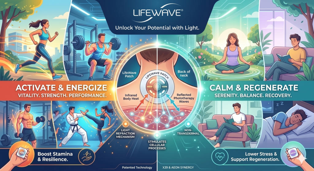 Lifewave X39 and Aeon Patches yse phototherapy light refraction to stimulate cellular processes. All Lifewave patches are non-transdermal meaning their are no chemicals passing into your body.