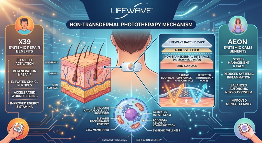 Lifewave Non-transdermal phototherapy mechanism of X39 and Aeon patches.
